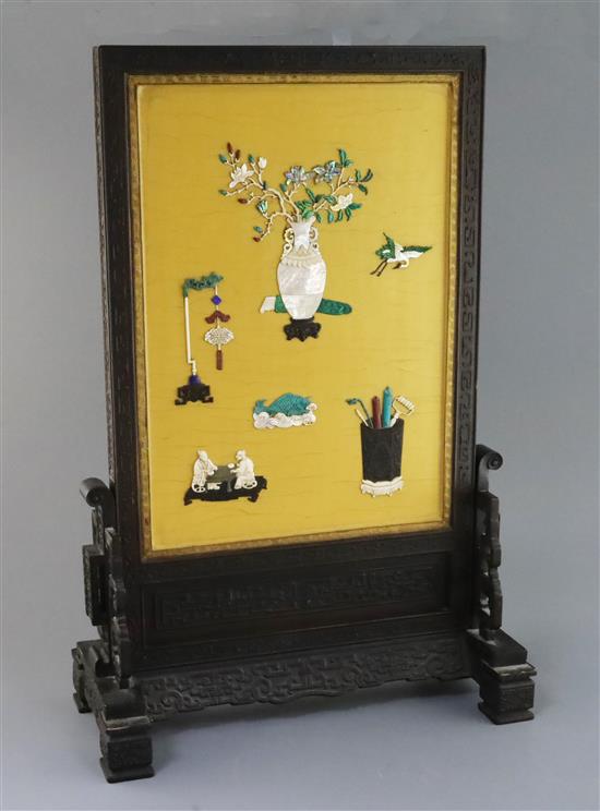 A Chinese hardstone, mother of pearl and ivory mounted table screen, early 20th century, total size 59cm x 39.5cm